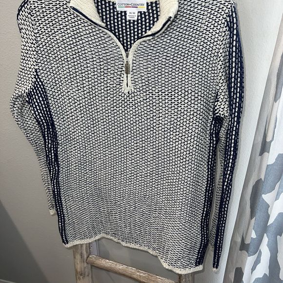 Cotton Country 1/4 Zip Recycled Woven‎ Cotton Sweater From Canada Navy Ivory M - Picture 10 of 10